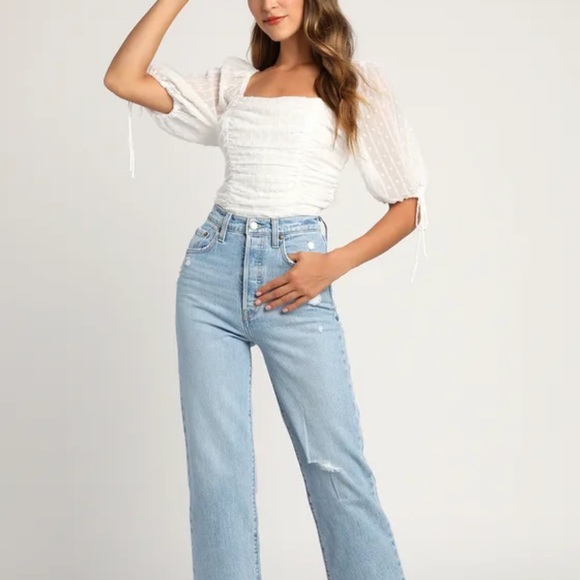 Lulus Think of Me Ivory Swiss Dot Ruched Bodysuit - Picture 4 of 7